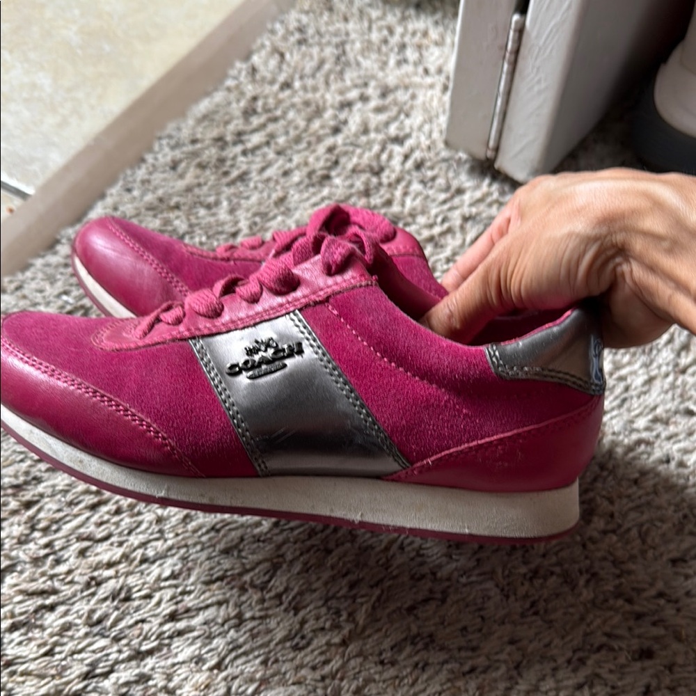 Coach Pink and Silver Retro Sneakers 6.5